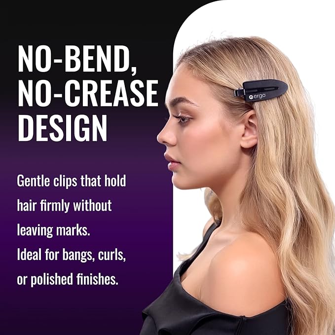 ERGO No-Crease Hair Clips – 4 Pcs Heat-Resistant Crimpless Clips for Hair Styling, Sectioning, Makeup | No Bend Clips for Women, Curls, Bangs, Salon Use