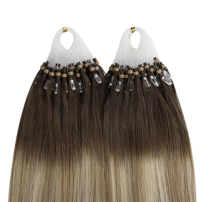 YoungSee Micro Bead Hair Extensions Real Human Hair Balayage Microlink Hair Extensions Dark Brown Ombre Blonde with Brown Bead Hair Extension Human Hair Silky Straight for School 18 Inch 1g/s 50g
