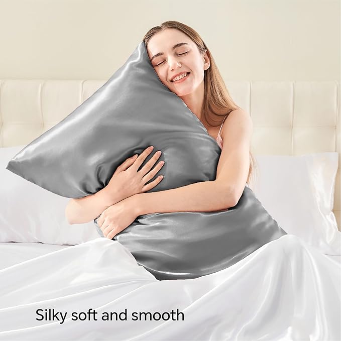 BEDELITE Satin Pillowcase with Zipper, Grey Pillow Cases Queen Size Set of 2, Super Soft and Cooling Similar to Silk Pillow Cases, Gift for Women Men(20x30 Inches)