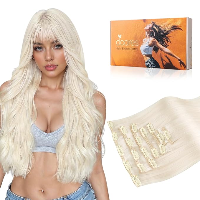 DOORES Hair Extensions Real Human Hair Clip in, White Blonde 18 Inch 120g 7pcs, Remy White Hair Extensions Clip ins Silky Straight Thick for Women