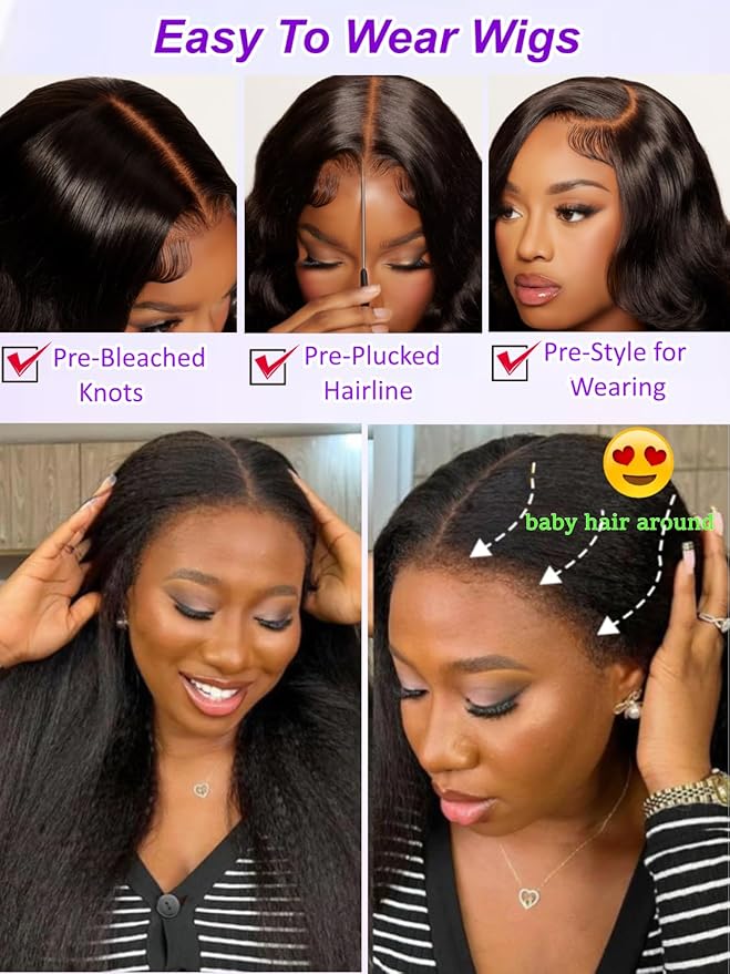 YIROO Bye Bye Knots Glueless Wig Yaki Straight Pre Cut 7x5 HD Lace Front Wig Human Hair Put On and Go Pre Everything Wig with Baby Hair Pre Bleached Invisible Knots 180% Density Easy to Wear 22inch