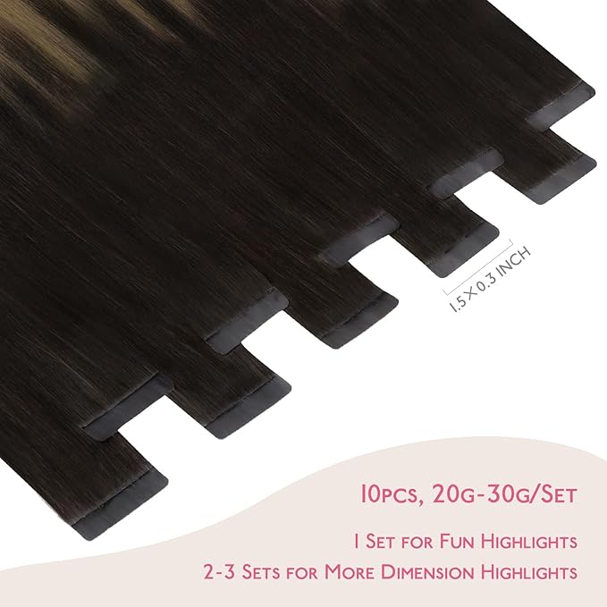 WENNALIFE Tape in Hair Extensions Human Hair Dark Brown to Chestnut Brown and Dirty Blonde Highlighted, 10pcs 30g 26 inch Remy Invisible Tape Ins Straight Colored Soft Refill Set