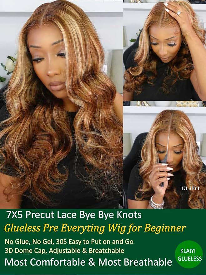 KLAIYI Bye Bye Knots Glueless Wig Highlight Blonde Body Wave Pre Cut 7x5 HD Lace Front Wigs Human Hair Pre Plucked Pre Bleached Pre Everything Wear and Go Wig 12A Ombre Brown 30S Ready To Wear 16Inch
