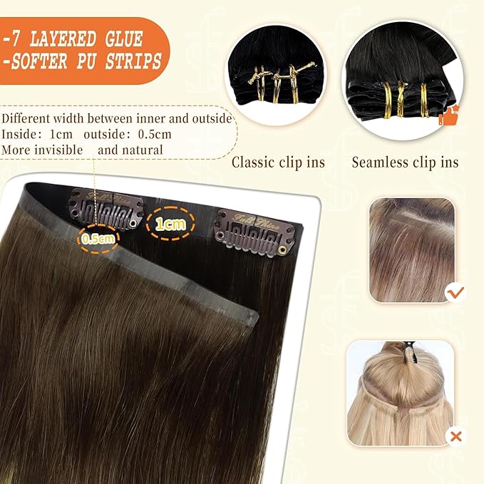 Full Shine Seamless Hair Extensions Clip in 18 Inch Balayage Dark Brown to Light Brown with Honey Blonde Human Hair Clip in Extensions Add Volume 8 PCS 120 G