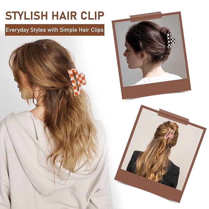 Checkered Claw Clip for Women, 6 Pack Multicolored Rectangle Hair Barrettes, Strong Hold Non-Slip Design Hair Clips Accessories for Thick & Thin Curly Hair, Comfortable All-Day Wear for Girls