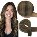 Full Shine Insert Virgin Tape in Hair Extensions Color Balayage Medium Brown to Blonde and Brown 14 Inch Intact Human Hair Invisible Tape in Extensions 10Pcs 25Grams Quick Install for Office Look