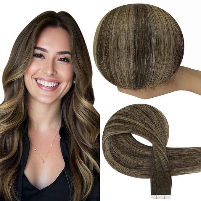 Full Shine Insert Virgin Tape in Hair Extensions Color Balayage Medium Brown to Blonde and Brown 14 Inch Intact Human Hair Invisible Tape in Extensions 10Pcs 25Grams Quick Install for Office Look
