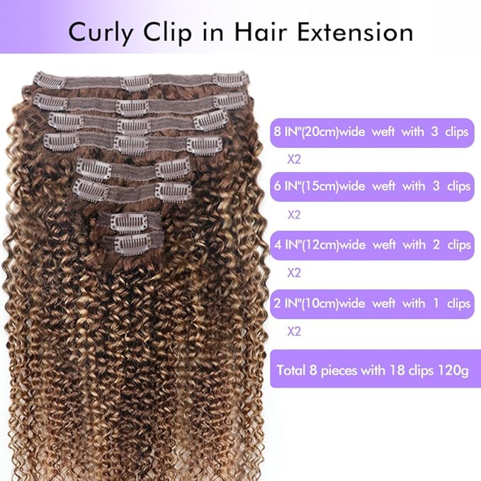 Curly Clip In Hair Extensions Real Human Hair Clip Ins Balayage Chocolate Brown to Caramel Blonde Human Hair Extensions 8Pcs with18clips 120g/Set (24 inch，#4/27/4)