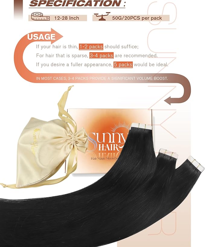 Sunny Hair Extensions Tape in Human Hair Natural Black Tape in Hair Extensions Human Hair 18 inch Remy Tape in Extensions Skin Weft 50g 20Pcs