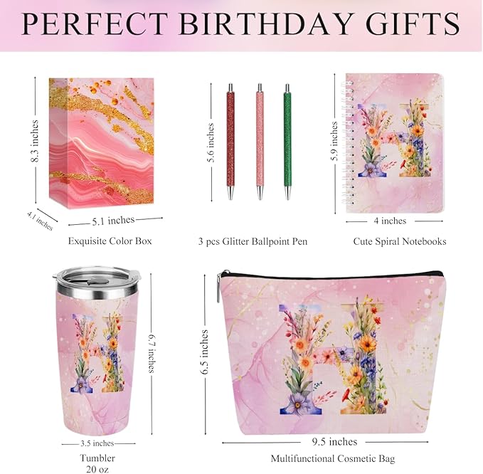 Personalized Gifts Monogrammed Birthday Gifts for Women, Bridesmaid Bachelorette Party Christmas Initial 20 oz Tumbler, Makeup Bag Cup Ballpoint Pens Journal Notebook 6 Set, (Aesthetic Pink Flower H)