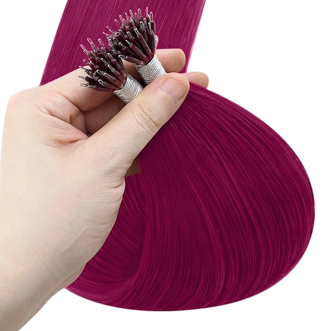 YoungSee Nano Ring Hair Extensions Human Hair Magenta Nano Bead Human Hair Extensions Burgundy Nano-Rings Hair Extension Red Nano-Tip Hair Extension for Women 25s 25g 14in