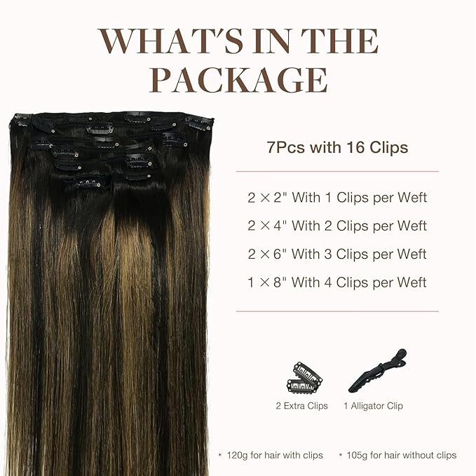 GOO GOO Clip in Hair Extensions Real Human Hair, Remy Human Hair Extensions Clip ins for Women, Natural Human Hair, 20inch 160g 7Pcs, #1B/6/1B Balayage Natural Black to Chestnut Brown