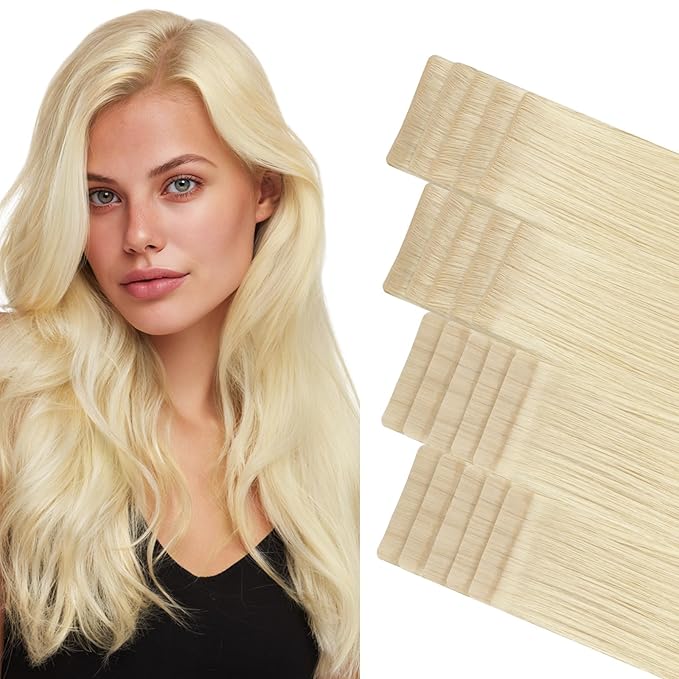 GOO GOO Invisi Edge Tape in Hair Extensions Human Hair, 613R Bleach Blonde 10pcs injected with 10pcs classical tape ins, 22inch 50g, Virgin Remy Hair, Natural Look