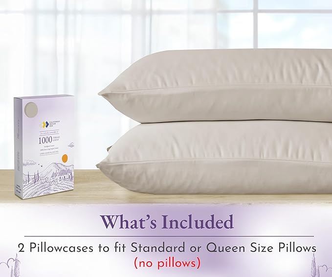 California Design Den Pillow Cases Queen Size Set of 2-1000 Thread Count Sateen, Soft & Thick 100% Cotton Pillowcases Standard/Queen, Durable - Beige (Sand Tone)