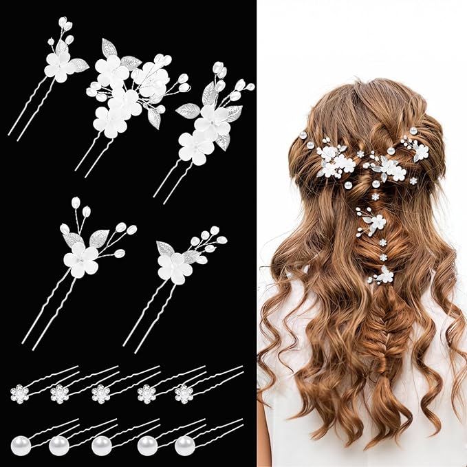 15Pcs Silver Pearl Hair Pins for Wedding Bridal White Flower Hair Pins Decorative, Silver Hairs Accessories Flower Pearl Hairs Clips Gifts for Women, Bridesmaid, Bridal, SilverA