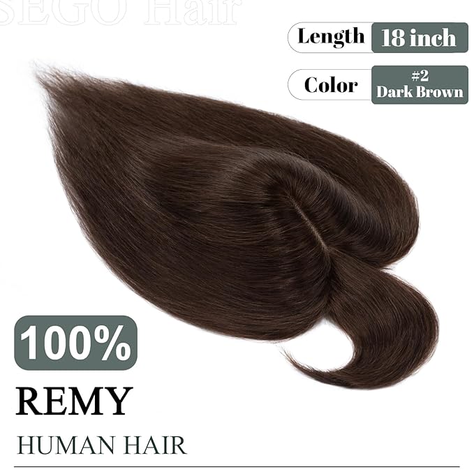 SEGO Hair Toppers for Women Real Human Hair with Front Bangs, Clip in Toppers with Thinning Hair Straight 150% Density Silk Base -18 Inch #2 Dark Brown