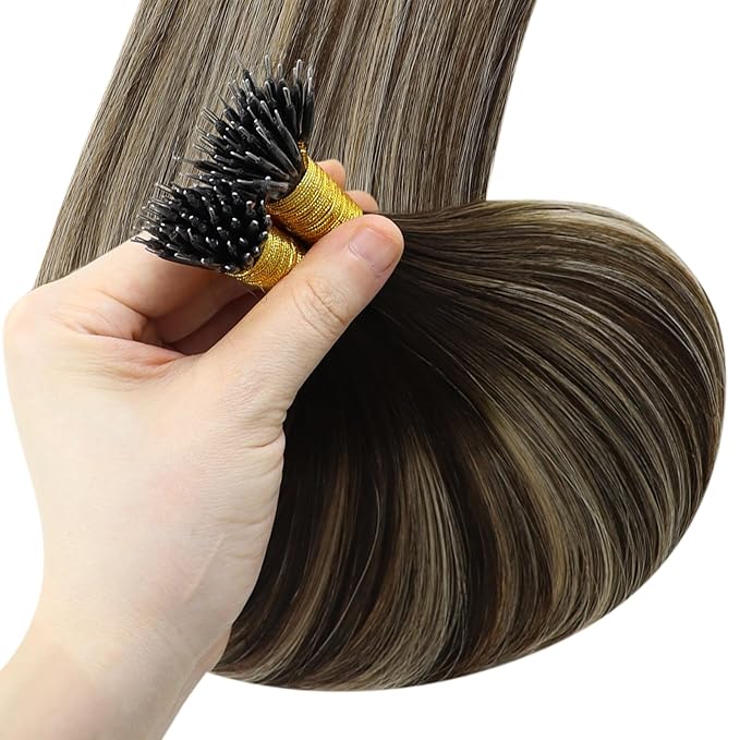 YoungSee Nano Hair Extensions Real Human Hair Balayage Brown Nano Beads Hair Extensions Human Hair Balayage Dark Brown with Ash Blonde Nano Tips Remy Hair Extension for Women Cold Fusion 18in 50s 50g
