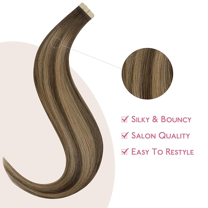 WENNALIFE Tape in Hair Extensions Human Hair Balayage Chocolate Brown to Caramel Blonde Tape in Extensions, 10pcs 30g 20 inch Remy Invisible Tape Ins Straight Soft Real Human Hair Tape in Extensions