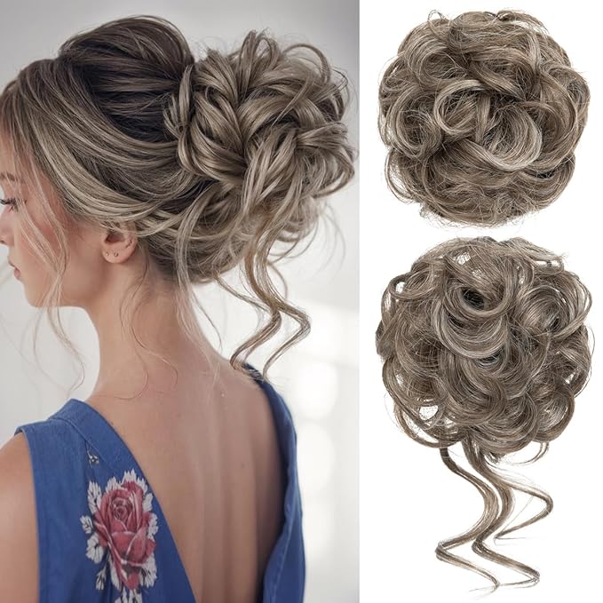 CJL HAIR 2PCS Messy Bun Hair Pieces Wavy Curly Synthetic Updo Chignon Fake Scrunchies Ponytail Extension for Women Middle Grey