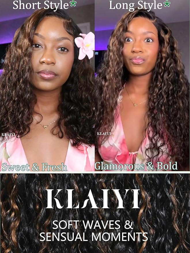 KLAIYI Golden Brown Water Wave Bye Bye Knots Glueless Wig Human Hair Highlight 7x5 Precut Lace Front Pre Plucked Bleached Ombre 3S Ready to Wear Go Beginners Wig with Dark Roots Deep Curly Wave 26Inch