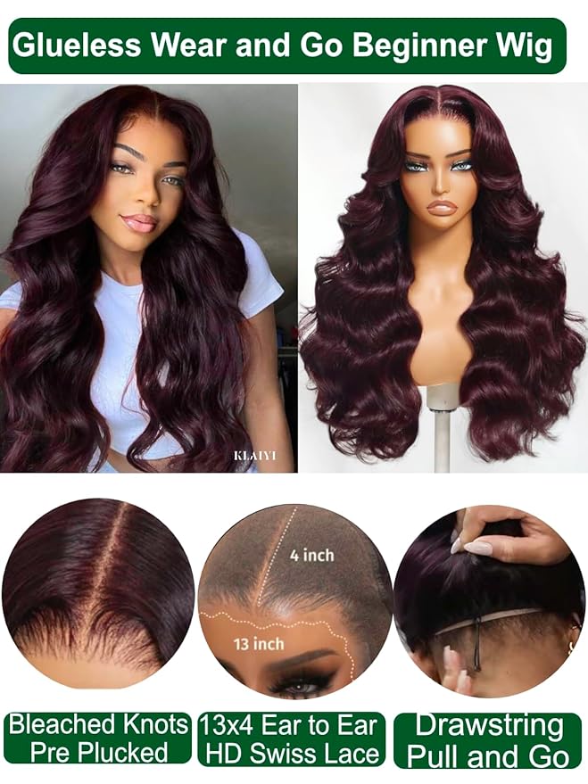 KLAIYI Black Cherry Loose Body Wave Pre Eeverything 13x4 Lace Frontal Wigs Human Hair Bye Bye Knots Glueless Ready to Wear and Go Wig with Face Framing Bangs Drawstring Pre Plucked Burgundy Wig 22Inch