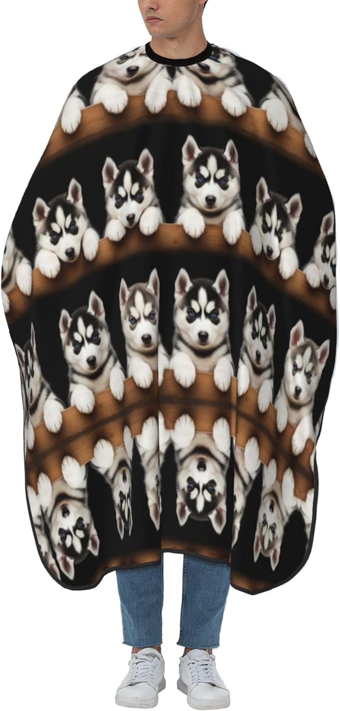 Large Long Hair Cutting Cape, Salon Apron Cute Siberian Husky Puppy Art Haircuting Salon Cape Gown for Hair Cutting Styling