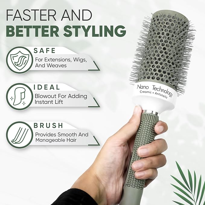 Round Brush for Blow Drying, 53mm / 2.1 Inch Large Barrel with 2 Clips – Nano Ionic Thermal Ceramic Round Hair Brush for Volume, Big Curls & Smooth Styling Heat Resistant Nylon Bristles