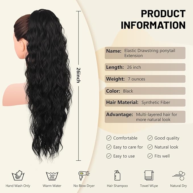LEEONS 26 inch Drawstring ponytail Extension, Black Long Wavy pony tails hair extensions for Women - Synthetic Hairpiece Ponytail for Daily Use (Black)