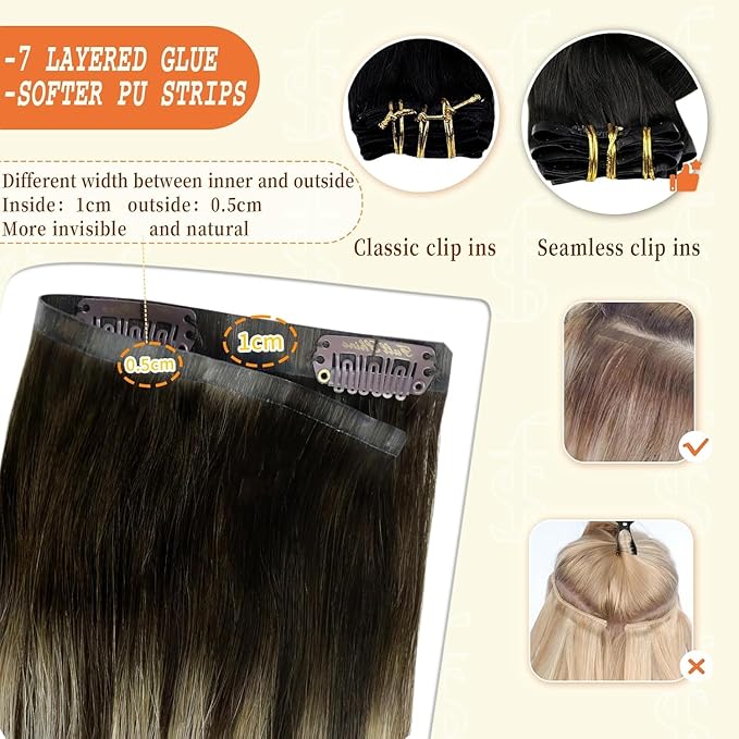 Full Shine Clip in Extensions for Women Dark Brown Balayage Seamless Hair Extensions Clip in Dark Brown Ombre Platinum Blonde Invisible Hair Extension 16 Inch 8 PCS 120G