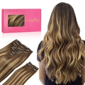 WENNALIFE Hair Extensions Clip In, 9pcs 24inch 150g Balayage Chocolate Brown to Honey Blonde Clip In Hair Extensions Real Human Hair Remy hair extension Double Weft Clip in Human Hair Extensions