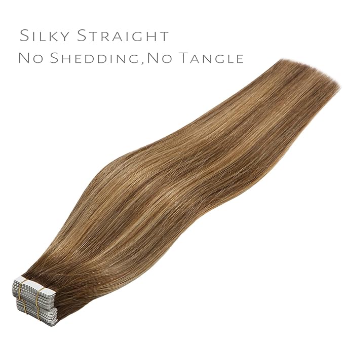 Lacer Tape in Hair Extensions Real Human Hair Chocolate Brown to Strawberry Blonde Highlights with Chocolate Brown Roots Human Hair Tape in Extensions 20pcs 50g 14 Inch
