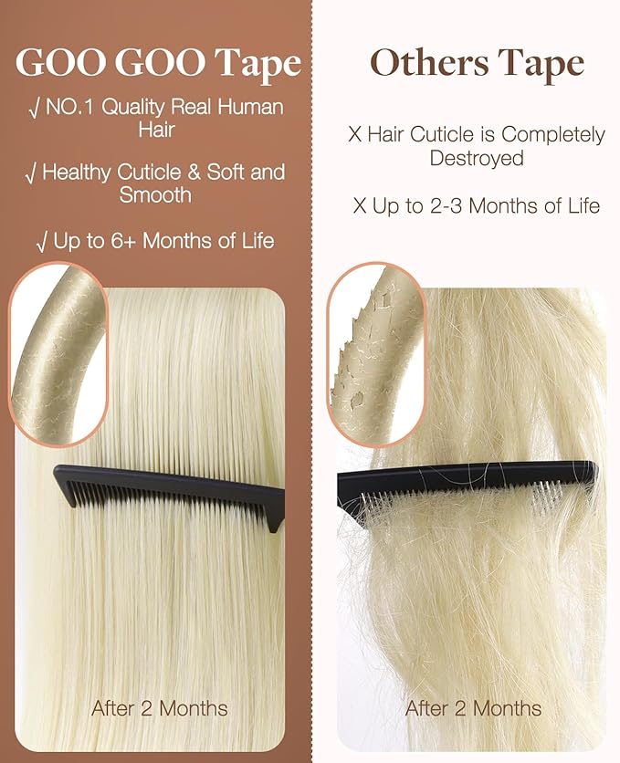 GOO GOO Invisi Edge Tape in Hair Extensions Human Hair, 60A Platinum Blonde, 10pcs 24inch 30g, Virgin Remy Hair, Seamless Injected Tape, Natural Look