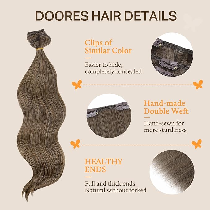DOORES Human Hair Extensions Clip Ins, Light Ash Brown 12 Inch 7pcs 80g, Thick Human Hair Extensions Natural Thick Silky Straight Weft