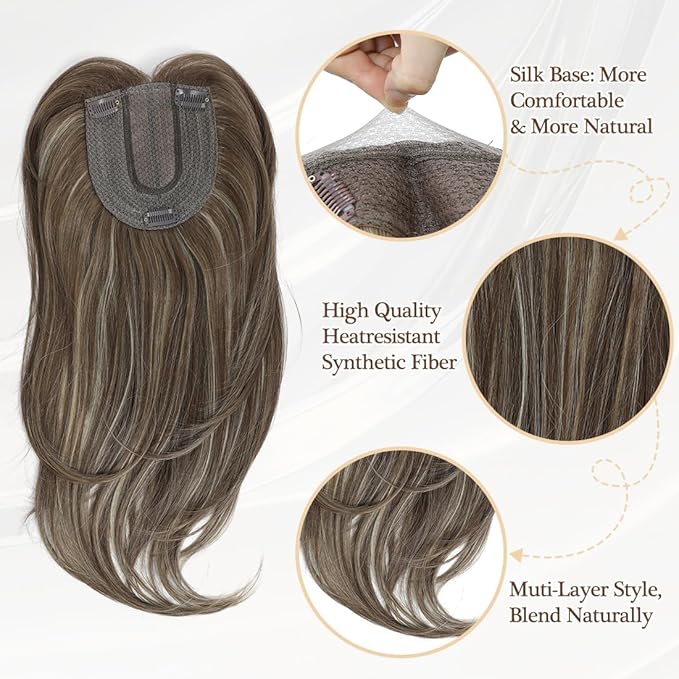 UDU Ash Brown Highlights Synthetic Fiber Hair Toppers for Women with Multi-layer Long Straight Wavy Clip in Wiglets and Fringe Bangs