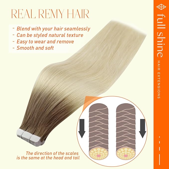 Full Shine Blonde Tape in Hair Extensions Human Hair 20 Inch Invisible Tape ins Human Hair Extensions Color Ash Brown Fading To Platinum Blonde Balayage Seamless Skin Weft 50 Gram 20 Pcs for Party