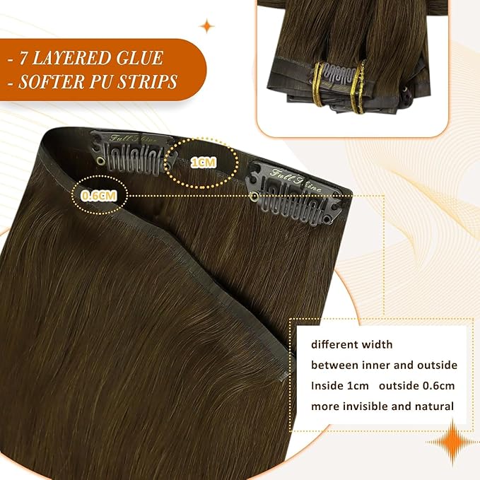 Full Shine Clip in Hair Extensions Real Human Hair 22 Inch Medium Chestnut Brown Seamless Human Hair Clip in Extensions with PU Weft for Long Hair 8 PCS 120 G