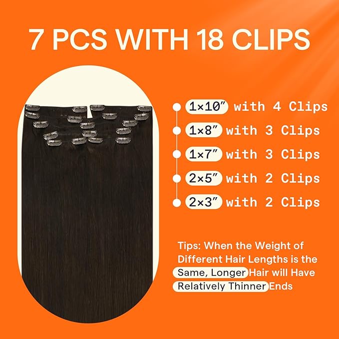 Full Shine Brown Human Hair Clip in Extensions Dark Brown Clip in Hair Extensions Real Human Hair Triple Weft Brunette Hair Extensions for Women Straight 14 Inch 7 Pcs 120 G