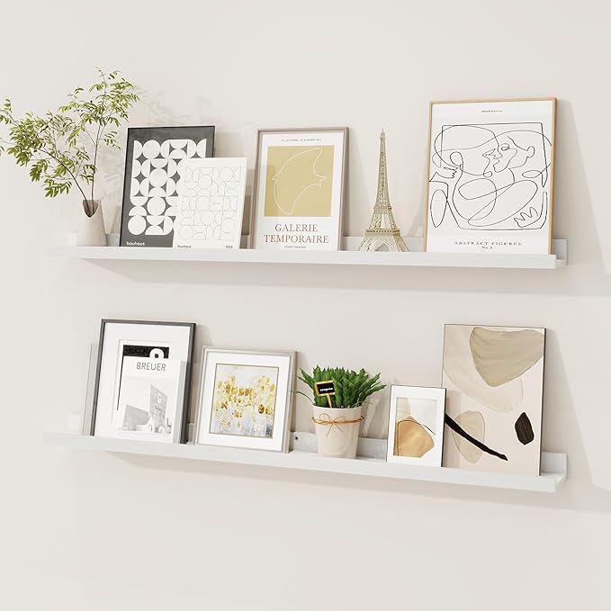 Picture Ledge Shelf, Solid Pine Wood Floating Shelves Set of 2, 36 Inches Nursery Book Shelves for Toys Storage, Kids Bookshelf Wall Mounted for Living Room Bedroom Decor Books Photo Frames, White