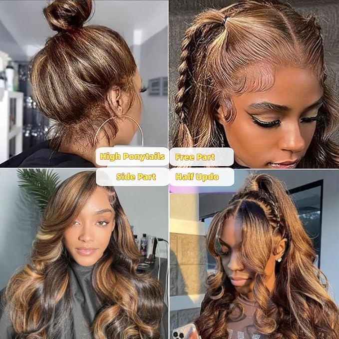 AMIRTY Highlight Ombre Lace Front Wig Human Hair 20 Inch Honey Blonde Body Wave 13x4 HD Lace Front Wigs Human Hair Pre Plucked 250 Density Brown 4/27 Colored Lace Frontal Glueless Wigs for Women