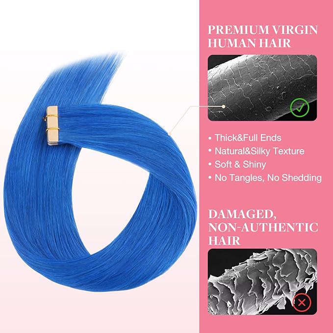GOO GOO Tape in Hair Extensions Human Hair, Blue, 10inch 20g 10pcs, Colored Tape ins Human Hair Extensions, Silky&Soft Invisible Tape Ins, Hair Highlighted for Party