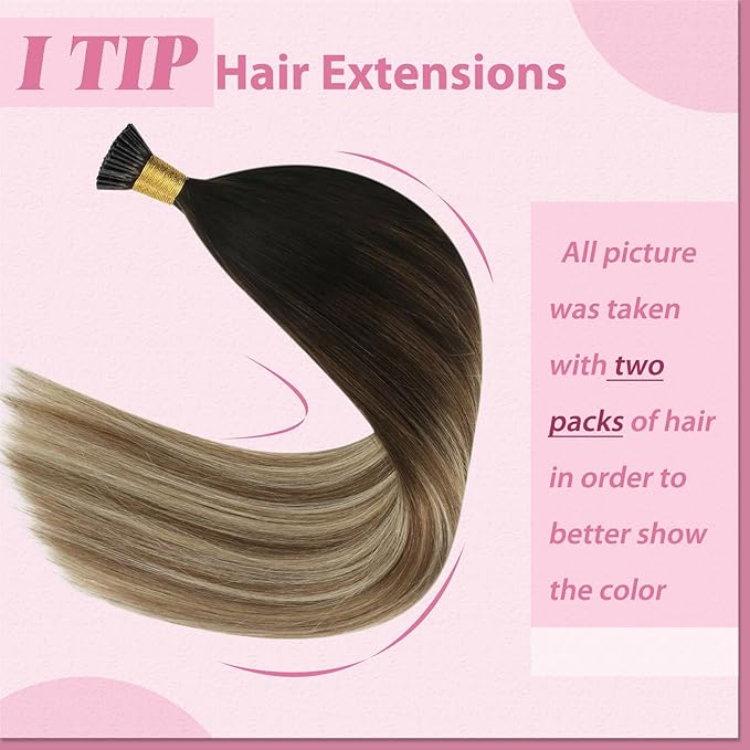 YoungSee I Tip Extensions Brown Balayage 22In Human Hair I Tip Extensions Ombre Dark Brown to Blonde with Brown I Tip Hair Extension Human Hair For Women 50s 50g Cold Fusion Hair Extension