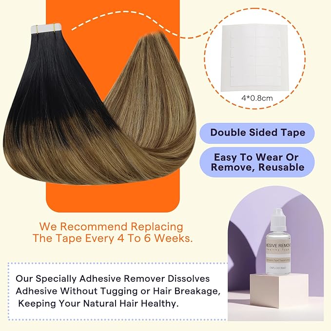 Full Shine Tape in Hair Extensions Color 1B Off Black Fading to 6 and 27 Honey Blonde 16 Inch Invisible Hair Extensions Real Human Hair Tape in 20PCS Seamless Remy Soft and Silky 50g for Party