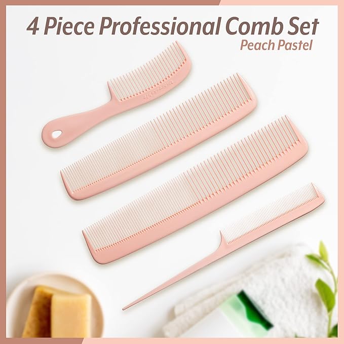 Mars Wellness 4 Piece Professional Comb Set Peach Pastel - USA MADE - Fine Pro Tail, Dresser Hair Comb Styling Comb - Premium Grade for Men and Women - Parting Teasing and Styling - Peach Pastel