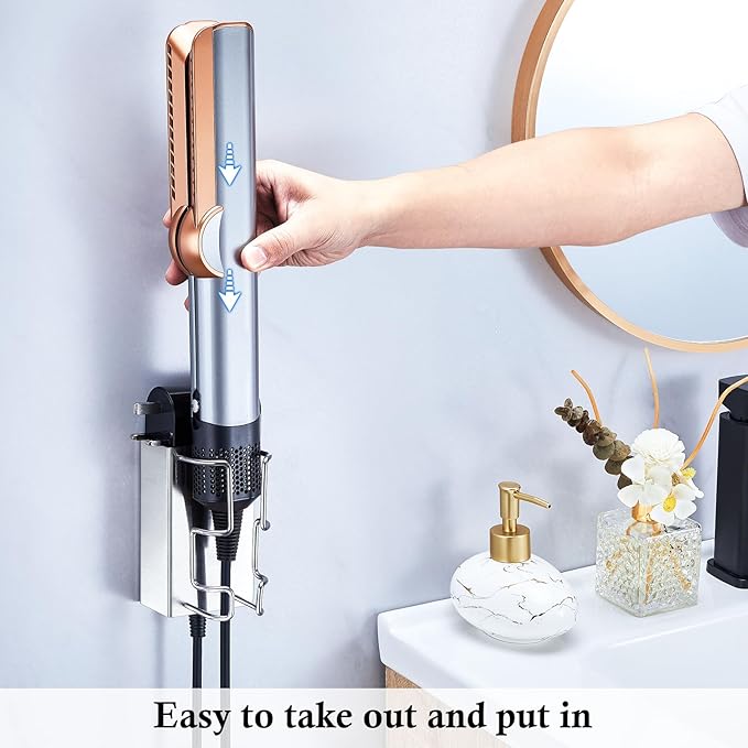 Curling Iron Holder Wall Mount, Hair Straightener Holder with Power Plug Stand, Stainless Steel Hair Tool Organizer for Flat Iron and Hot Tools, Silver