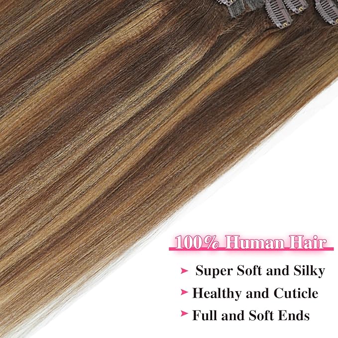 #4/27/4 Highlight Yaki Straight Clip in Hair Extensions Real Human Hair Omber Clip ins For Women Yaki Straight Clip on Hair(18inch,#4/27/4)