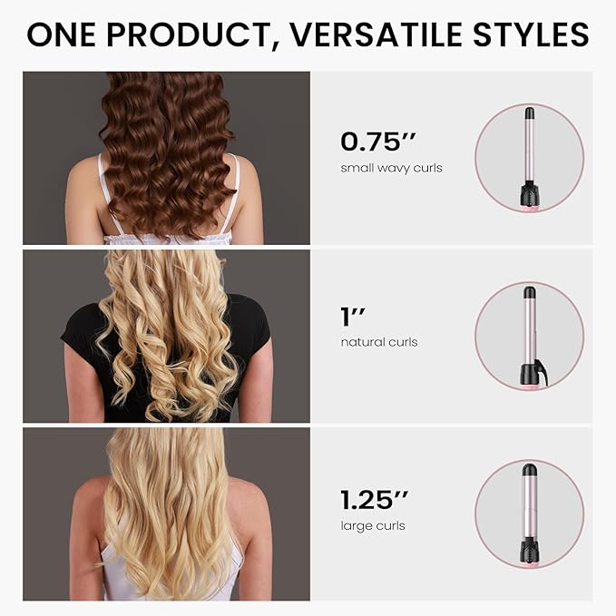 Rotating Curling Iron 3 in 1 Set, Automatic Curling Wand with 3 Interchangeable Ceramic Barrels(0.75" - 1.25"), Instant Heating Hair Culer with 5 Adjustable Temp, Include Heat Resistant Glove & Clips