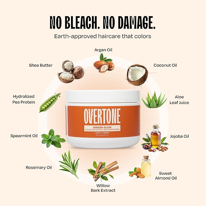 Overtone Semi Permanent Hair Color Conditioner, Ginger Glow, 8 oz, Nourishing, Damage-Free, Color Depositing Mask for All Hair Types with Shea Butter & Coconut Oil, Vegan & Cruelty-Free