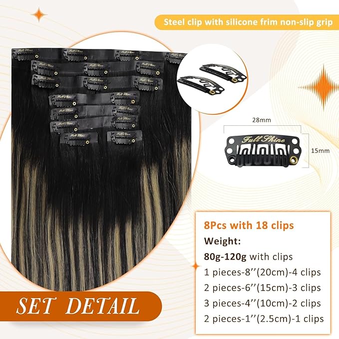Full Shine Seamless Clip in Hair Extensions Human Hair Ombre Natural Black Mixed Caramel Blonde Invisible Clip in Hair Extensions Human Hair with PU Weft 16 Inch 120 Grams 8pcs