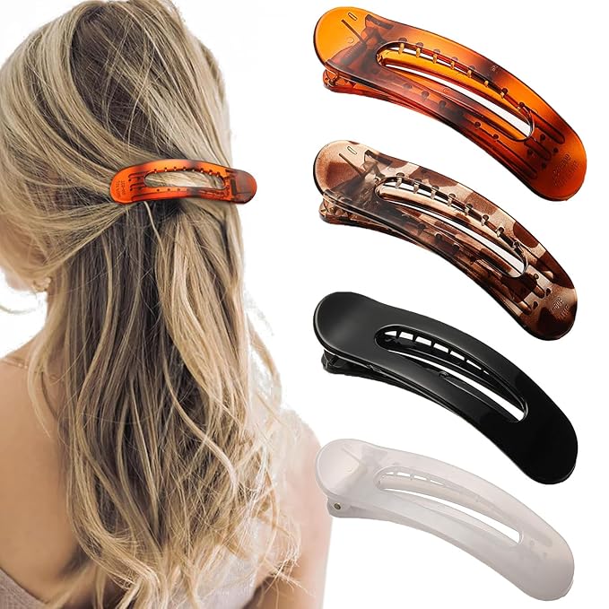 4 PCS Flat Claw Clips, Large Lay Flat Hair Clips for Women Girls, Strong Hold Non-slip Hair Claws for Thick Thin Hair (Tortoise)