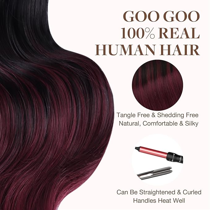 GOO GOO Tape in Hair Extensions Human Hair, 1/99 Balayage Jet Black to Red, 26inch 60g 20pcs, Skin Weft Seamless Invisible, Silky Straight with Thick Ends, Remy Human Hair